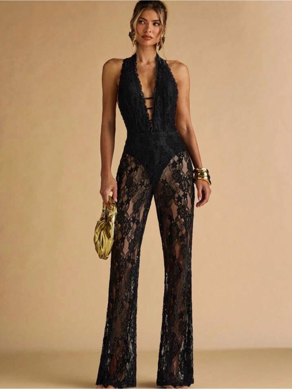 Black Lace Halter Jumpsuit - Elegant Sheer Evening Wear - never worn!
